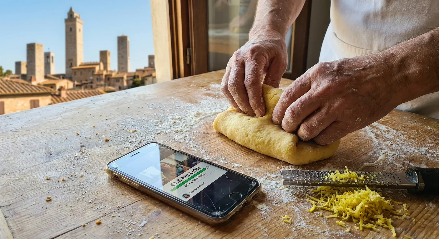 Flour-dusted hands baking a pastry next to a phone showing a successful €1.5 million fundraiser for an Italian castle.