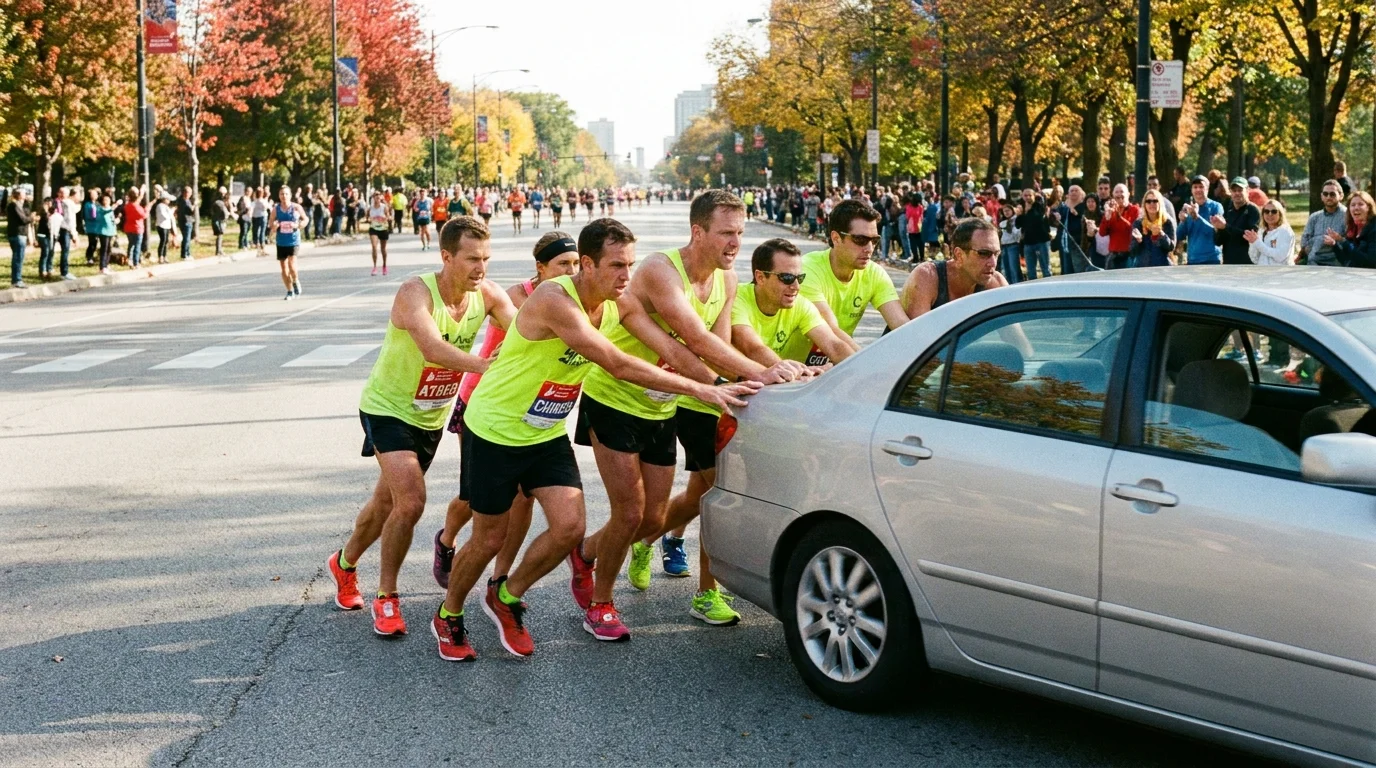 Runners in a marathon stopping to push a car on a city street, with spectators cheering in the background.