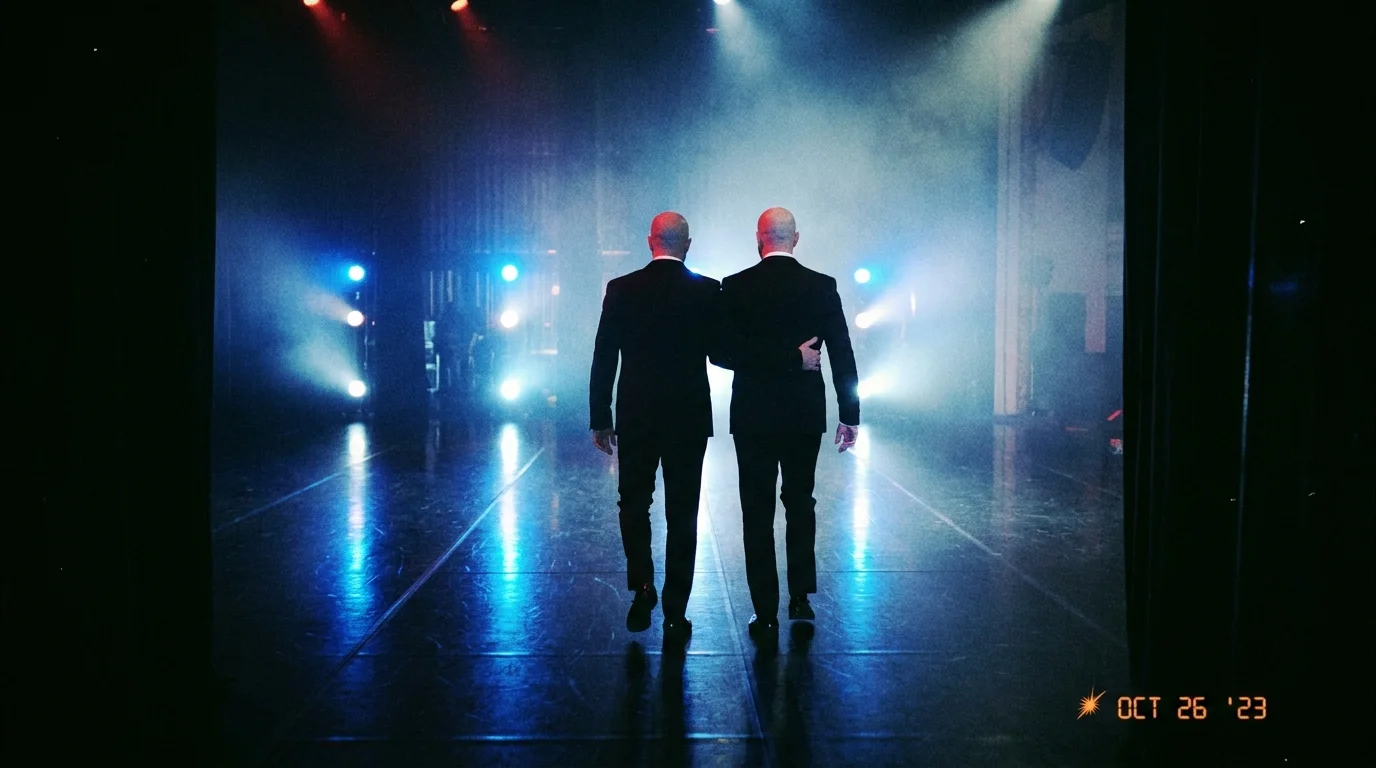 Silhouettes of two men with shaved heads in suits walking toward bright blue stage lights.