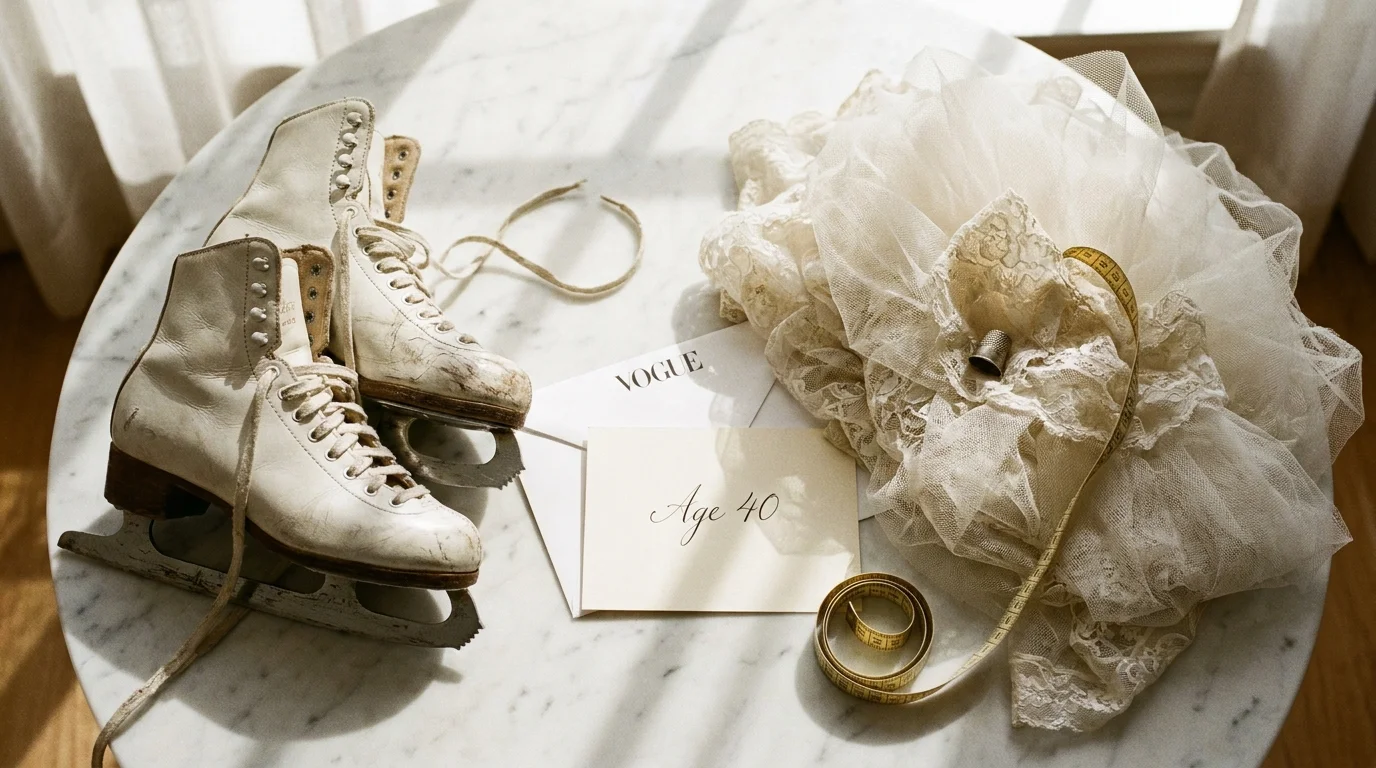 Top-down photo of worn figure skates next to bridal tulle and a Vogue envelope on a marble table.