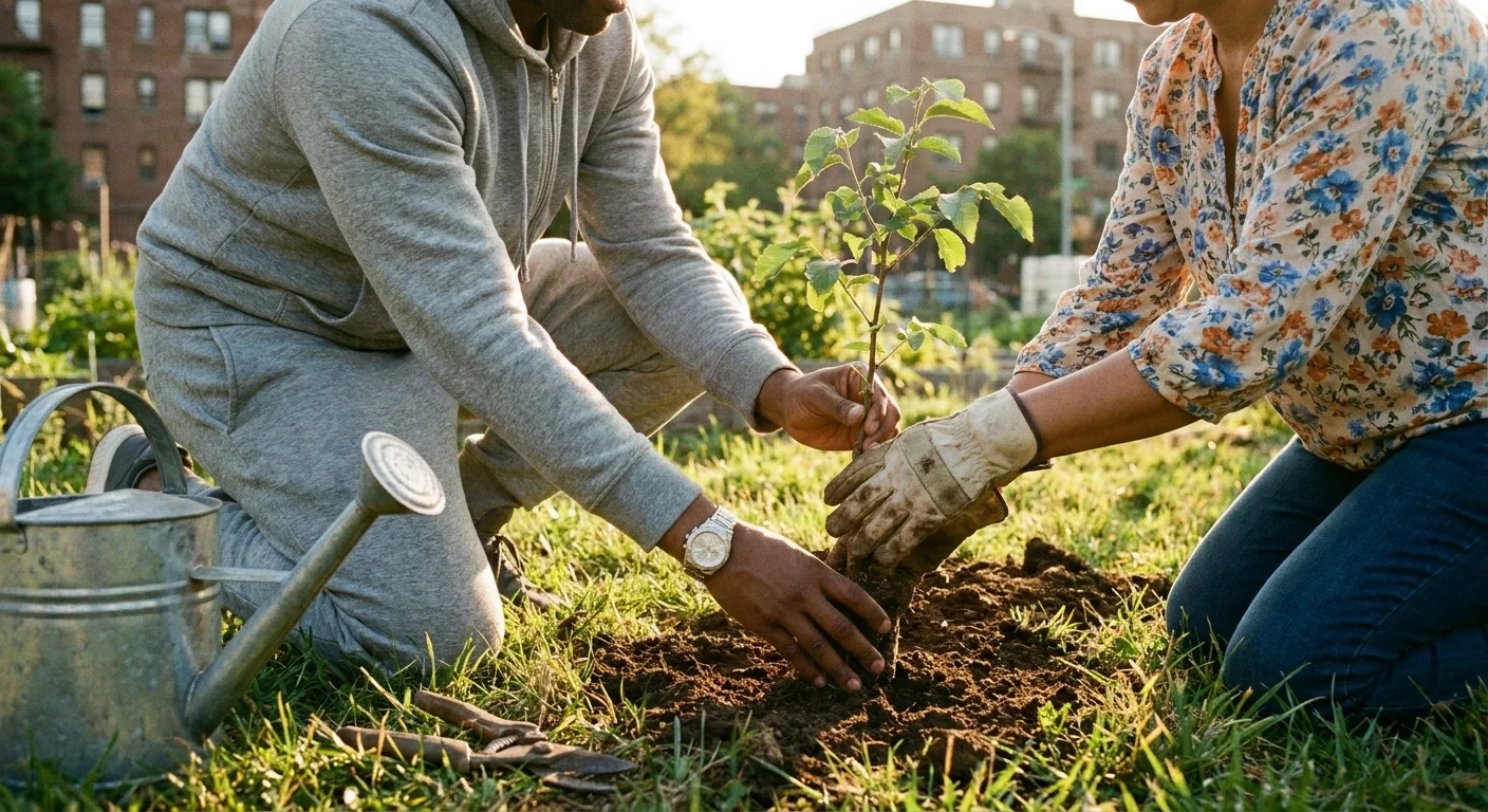 Two people in contrasting outfits—a hoodie and a floral blouse—working together to plant a tree in an urban garden.