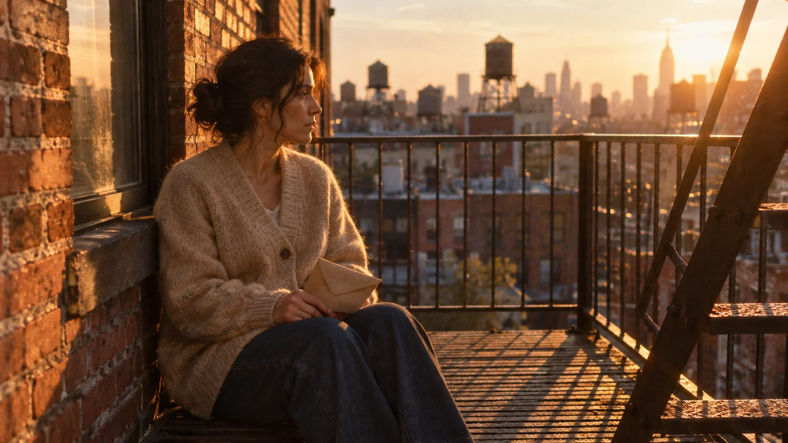 A woman in a cozy sweater sits thoughtfully on a fire escape at sunset holding an envelope, with a city skyline behind her.
