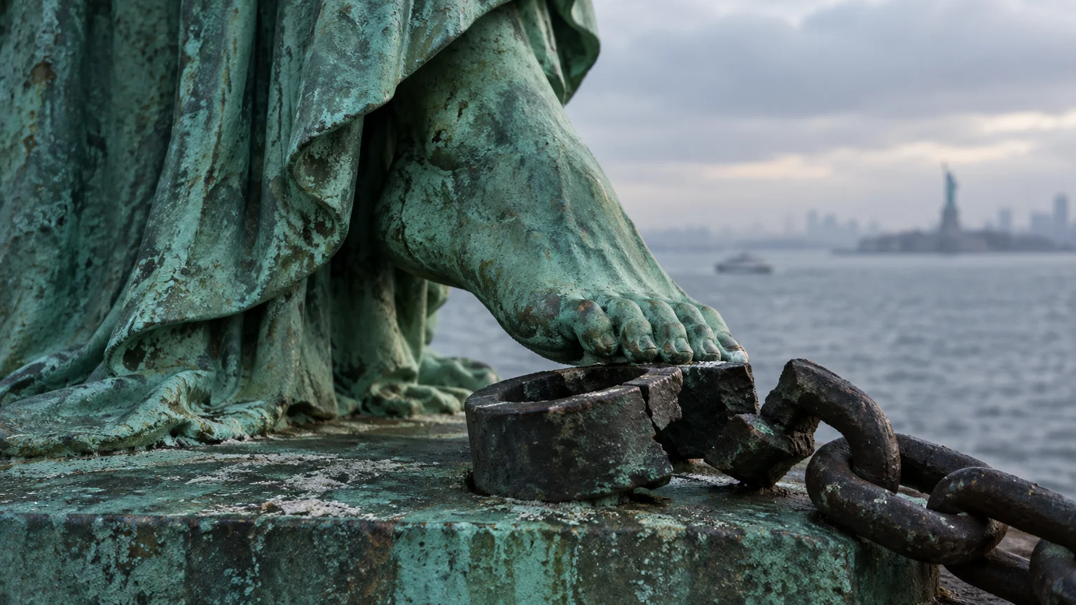 Close-up of a colossal green copper statue's bare foot stepping near a broken metal shackle and chain above a harbor.