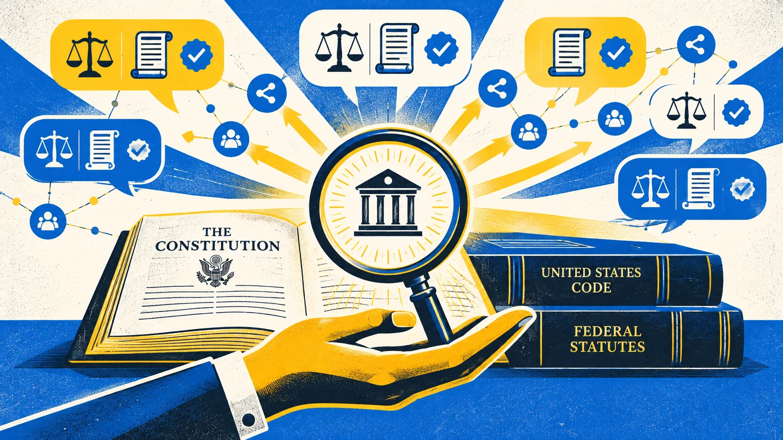 Illustration of a hand holding a magnifying glass over the U.S. Constitution and code books with speech bubbles above.