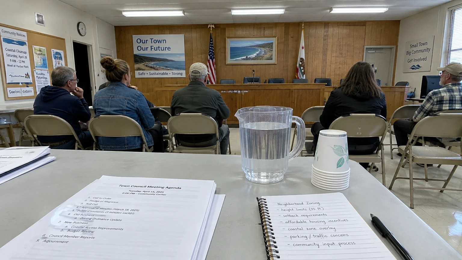 People seated in a wood-paneled town hall facing a council dais, with meeting agendas and notes on a foreground table.