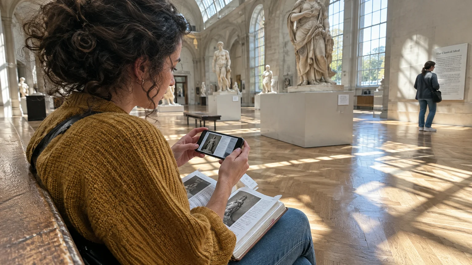 A woman sits in a sculpture gallery holding an open book and checking a smartphone displaying a statue photo.