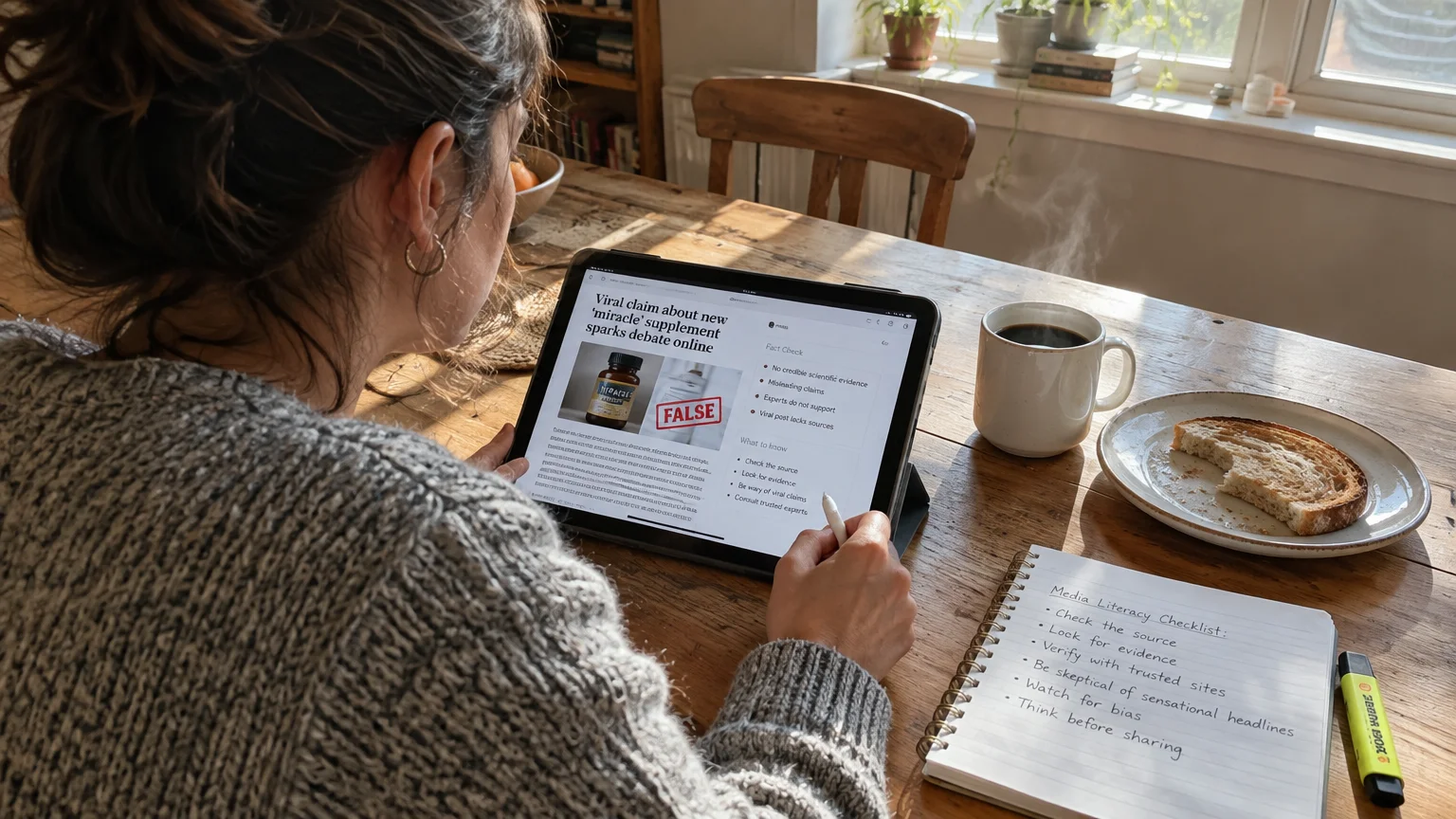 Woman reviewing a fact-checking article on a tablet at a table with coffee, toast, and a handwritten media checklist.