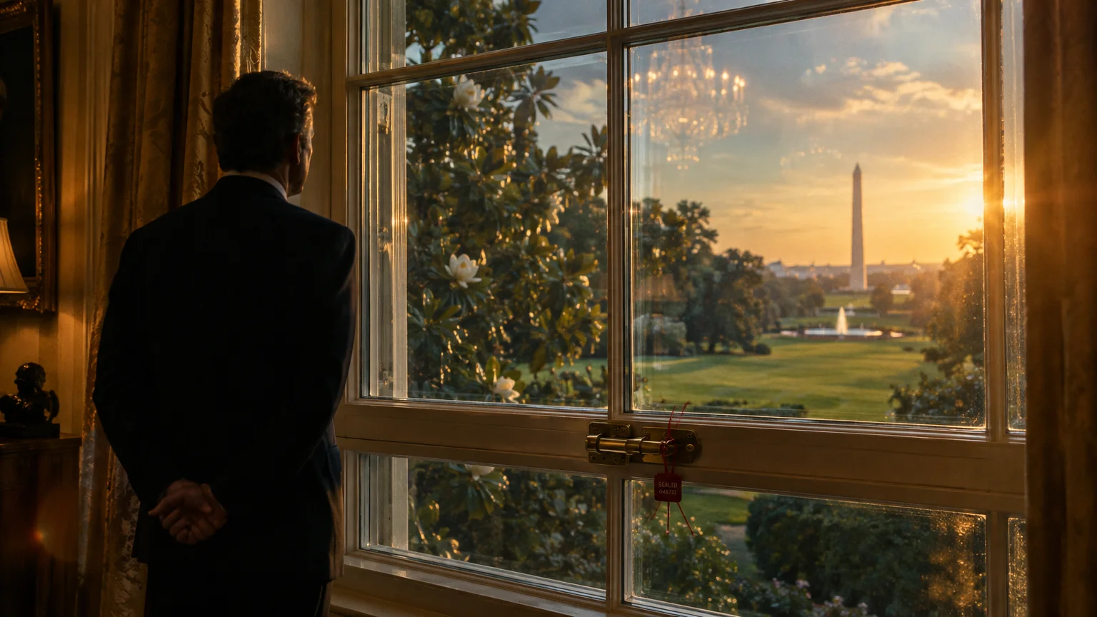 A man in a suit looks out a sealed window overlooking a lawn toward the Washington Monument at sunrise.