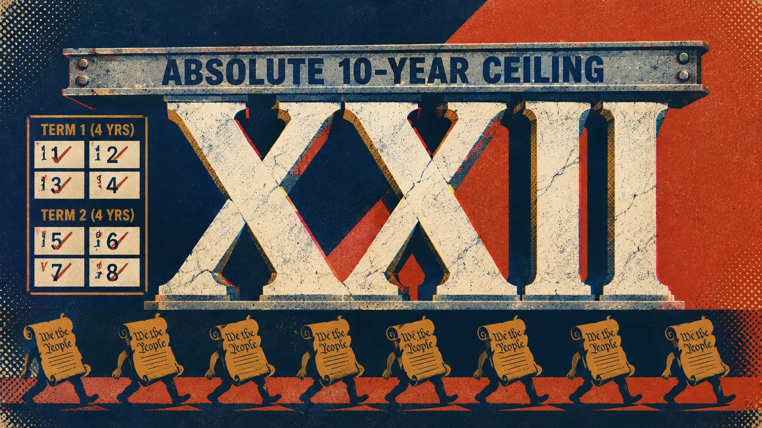 Illustration of Roman numeral XXII under a steel beam reading ABSOLUTE 10-YEAR CEILING, with eight walking parchment scrolls.