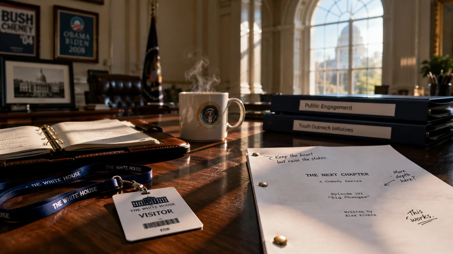 Desk with a script, White House visitor badge, steaming mug, and policy binders in an office overlooking a capitol dome.