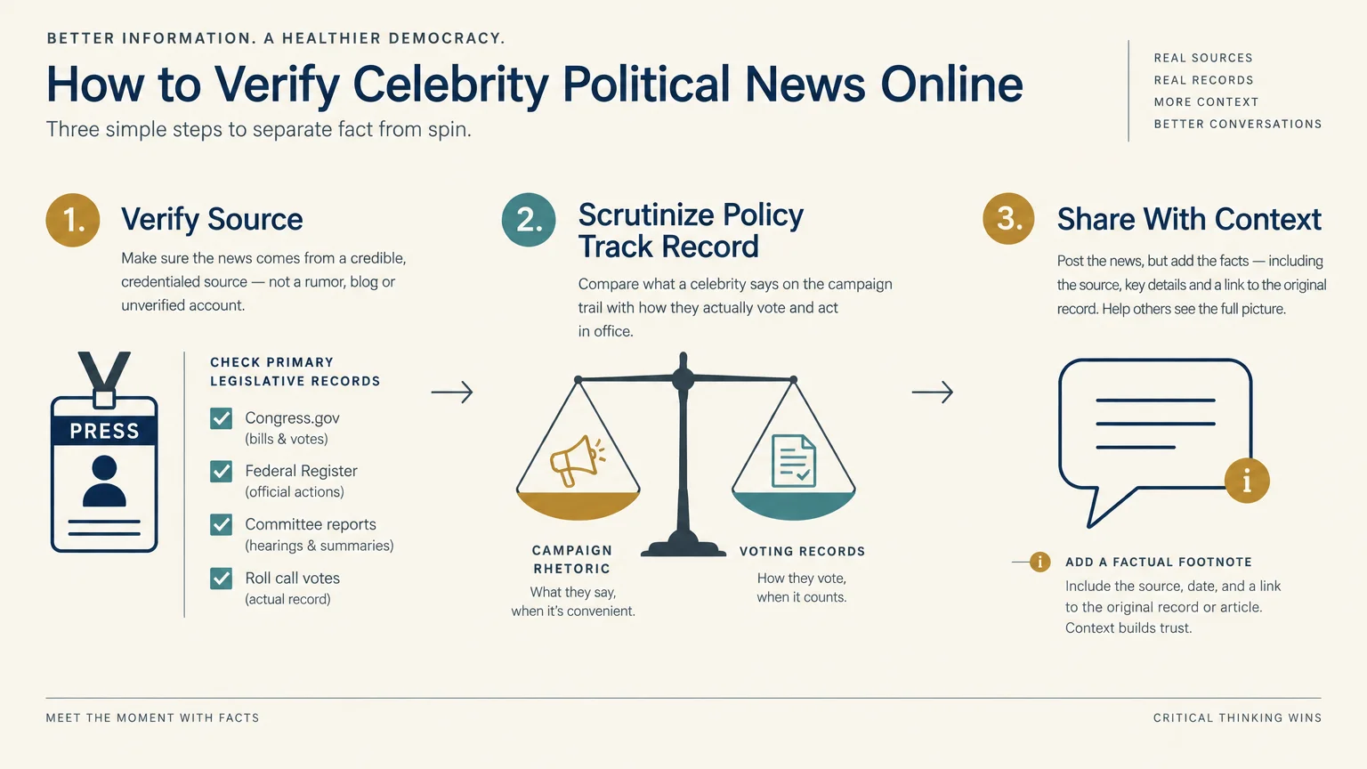 Infographic detailing three steps to verify celebrity political news: verify source, scrutinize policy track record, and share.