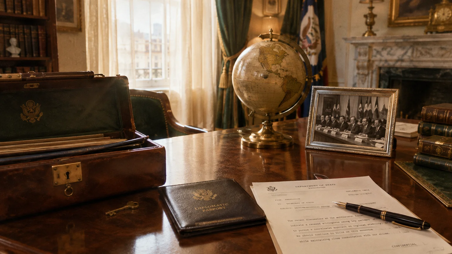 Diplomatic passport, State Department letter, globe, and framed photo resting on a wooden executive desk in an office.