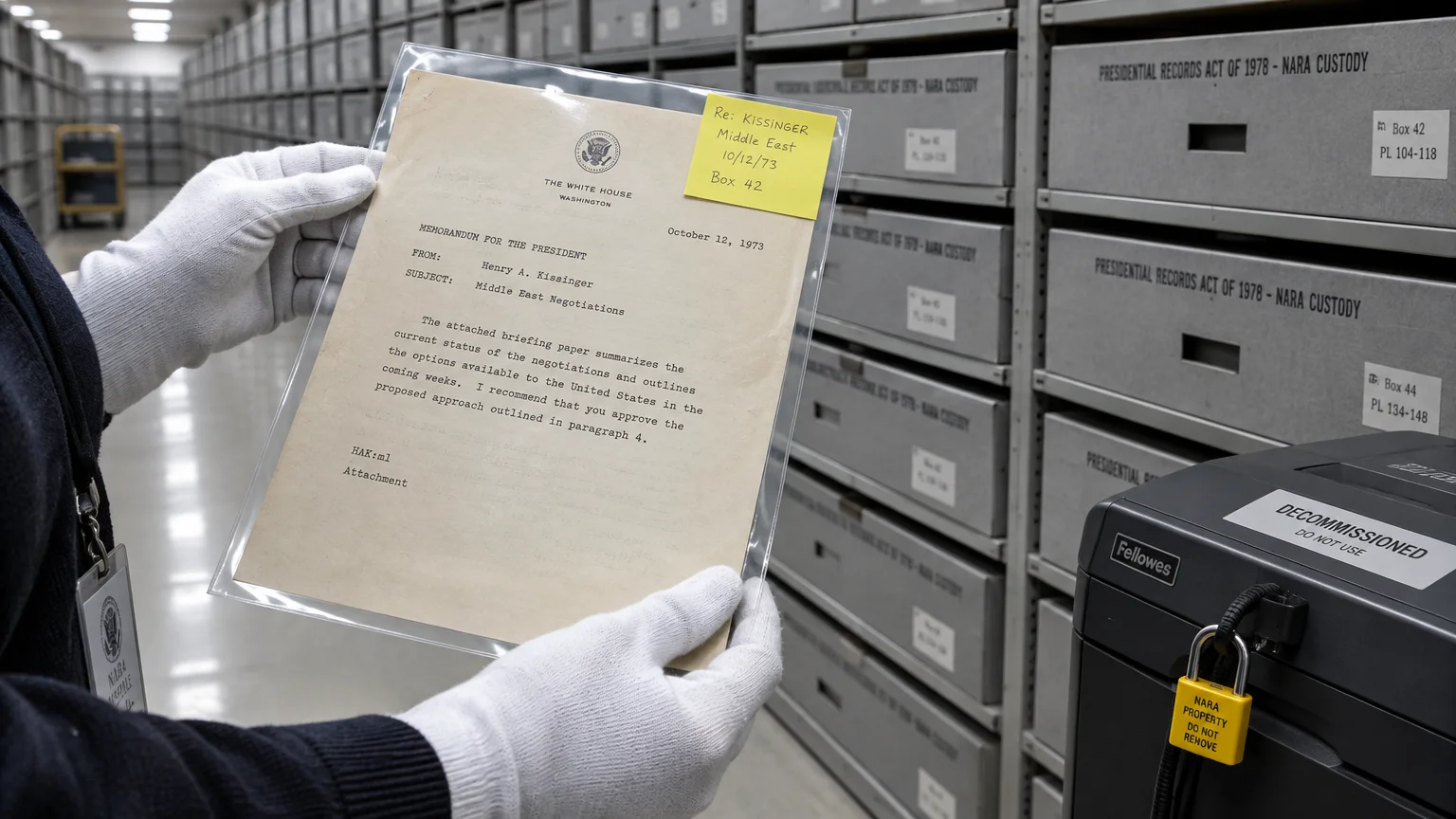 Gloved hands hold a White House memo in an archive room next to a locked, decommissioned paper shredder.