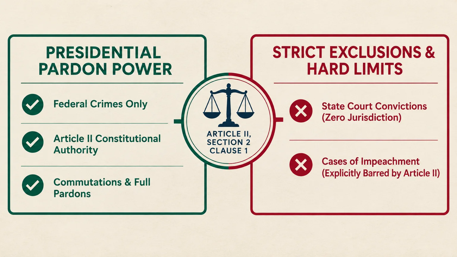 Diagram contrasting presidential pardon powers with hard limits, showing scales of justice and Article II restrictions.