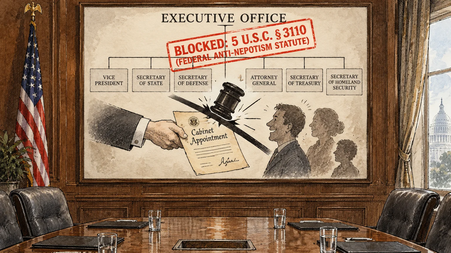 Illustration of a gavel striking down a cabinet appointment offered to family members in front of an org chart.