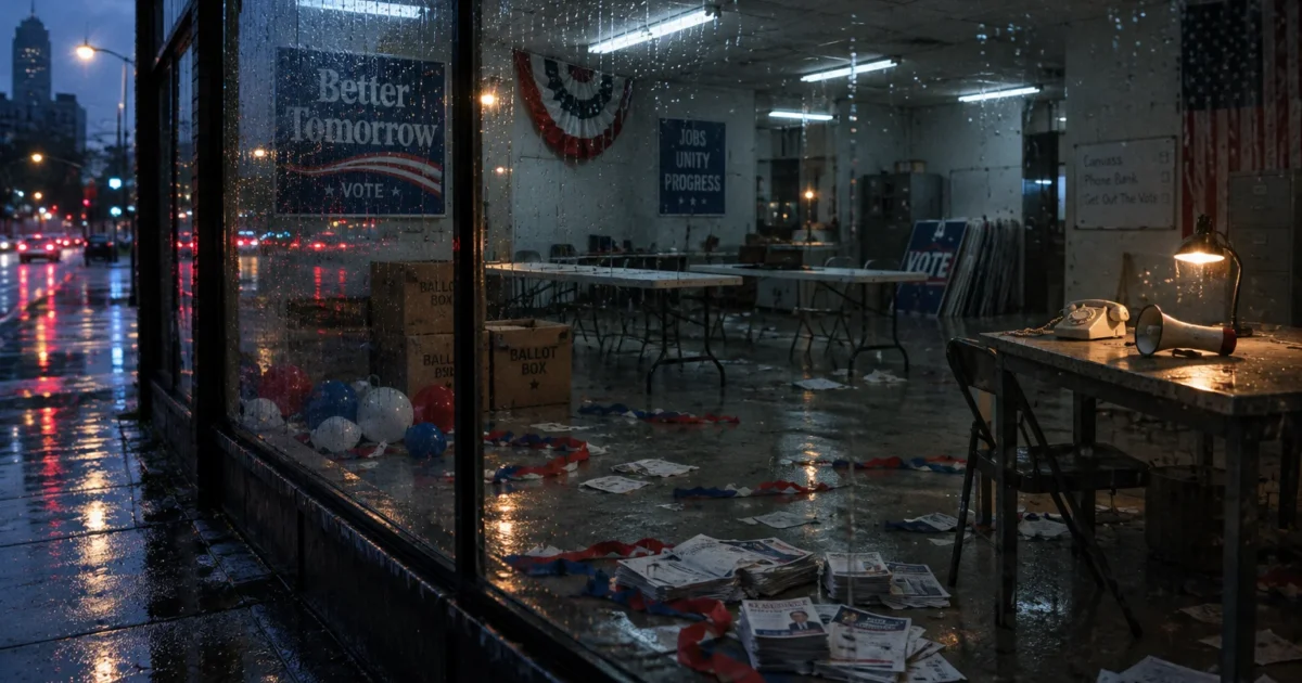 Empty campaign office seen through a rainy window at night, littered with flyers, ballot boxes, and patriotic bunting.