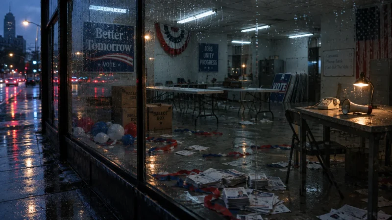 Empty campaign office seen through a rainy window at night, littered with flyers, ballot boxes, and patriotic bunting.