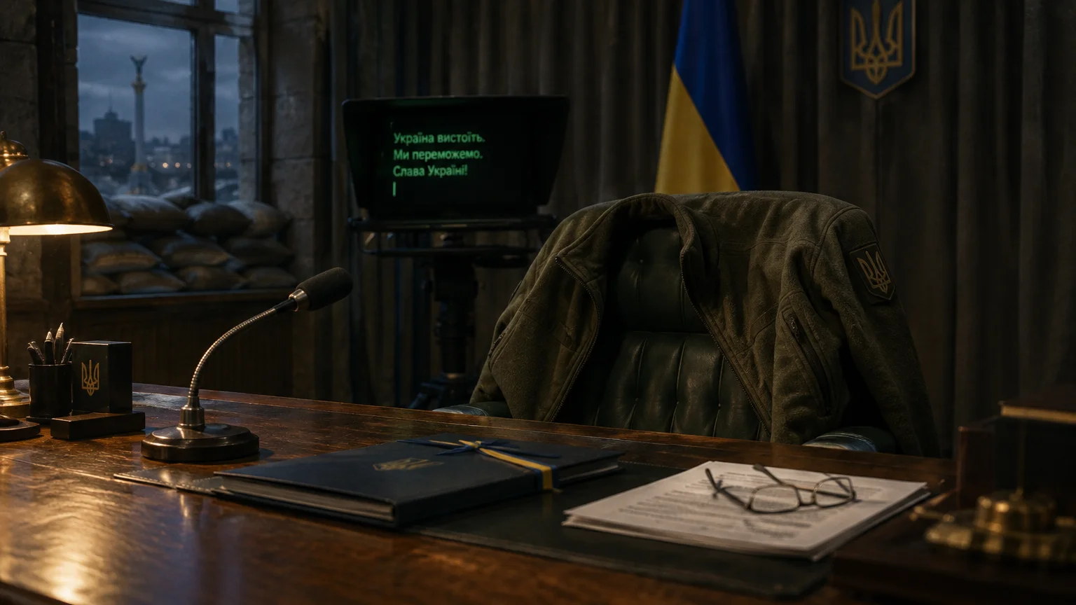 An empty desk with a microphone, papers, glasses, and an olive green jacket draped over the office chair.