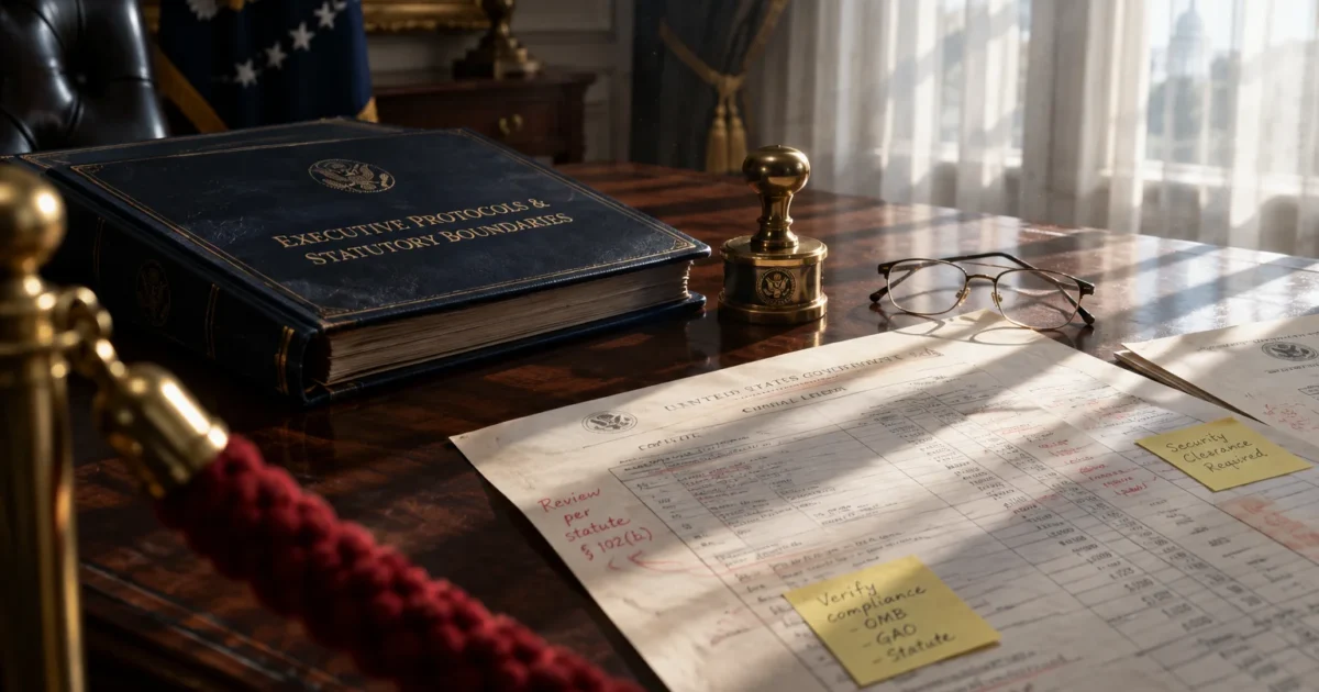 Blue protocol binder, brass presidential seal stamp, eyeglasses, and annotated audit documents on a wooden desk.