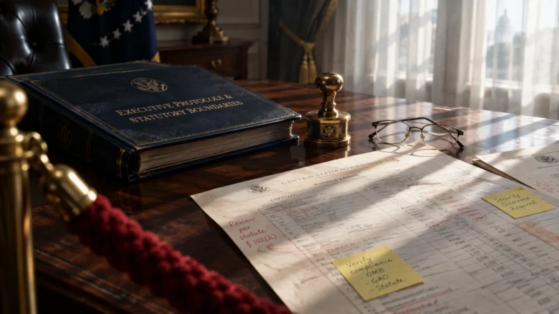 Blue protocol binder, brass presidential seal stamp, eyeglasses, and annotated audit documents on a wooden desk.