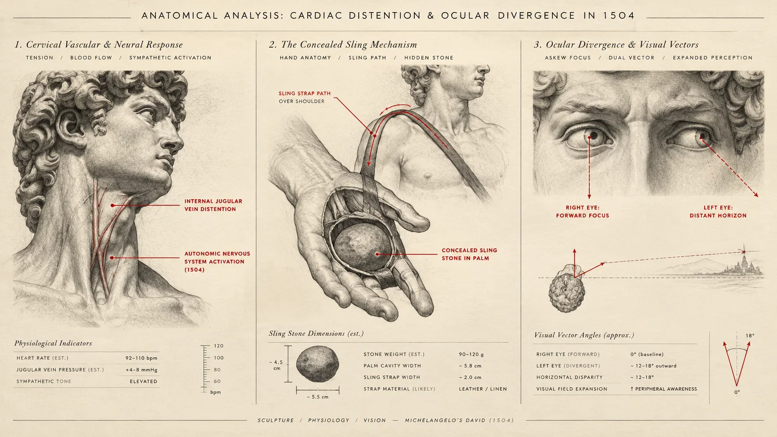 Anatomical diagram analyzing Michelangelo's David, detailing neck veins, a hand holding a sling stone, and eye vectors.