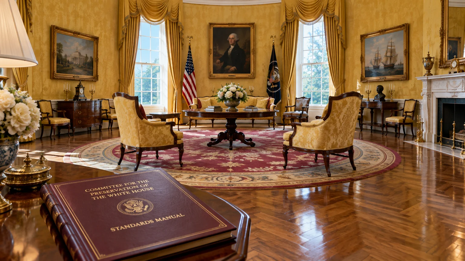 Ornate yellow state room with antique furniture, George Washington portrait, and a preservation manual in foreground.