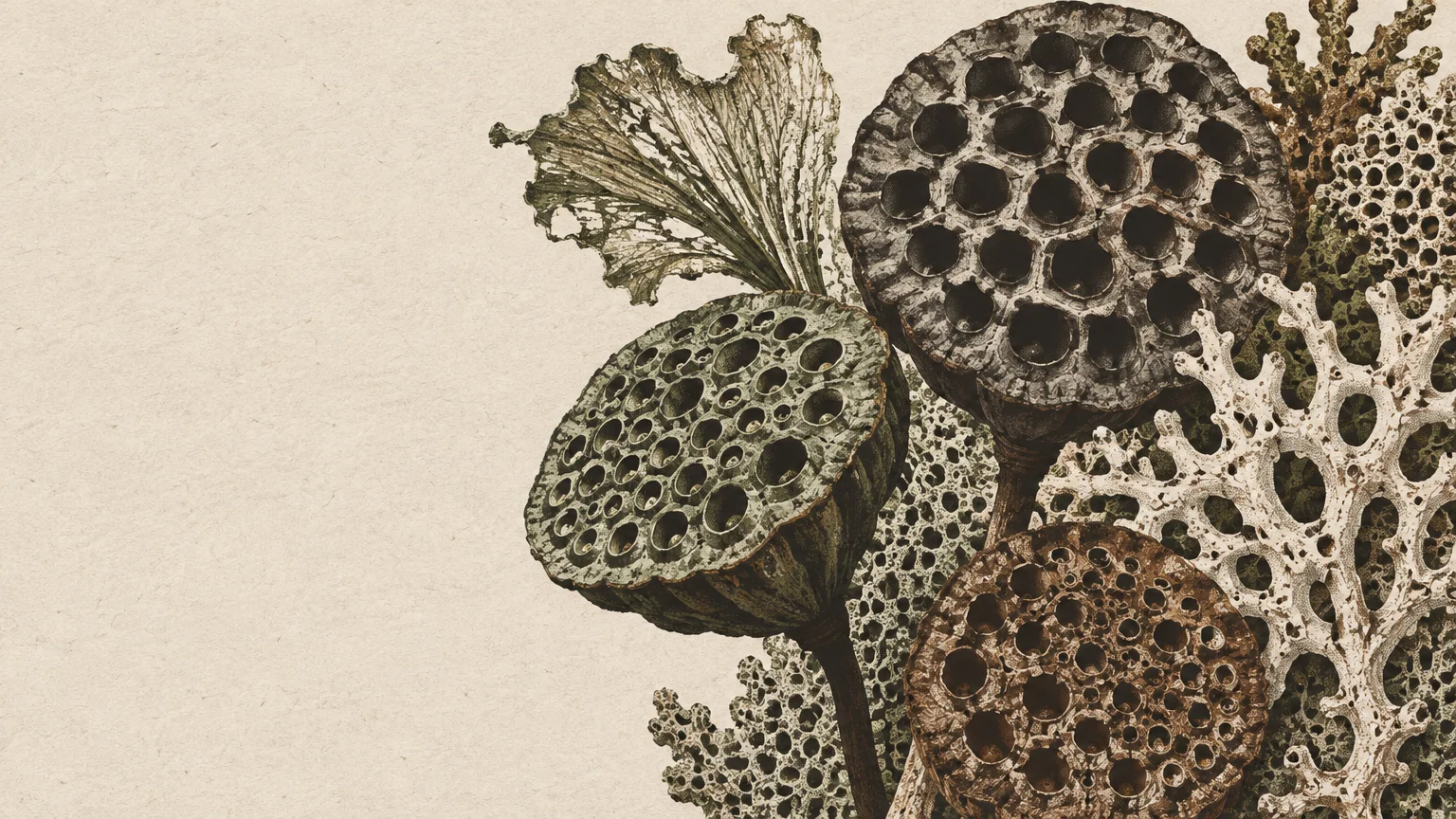 Illustration of dried lotus seed pods, decaying leaves, and porous coral textures on a textured beige background.
