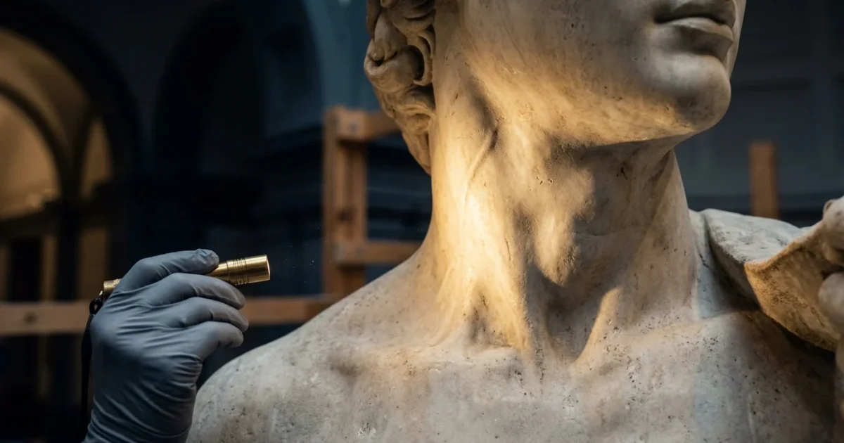 A gloved hand shines a small flashlight onto the neck and bulging jugular vein of a classical marble statue.