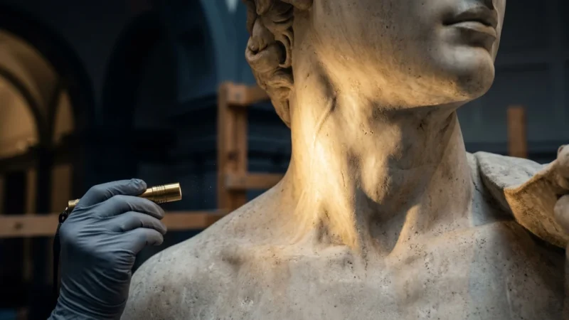 A gloved hand shines a small flashlight onto the neck and bulging jugular vein of a classical marble statue.
