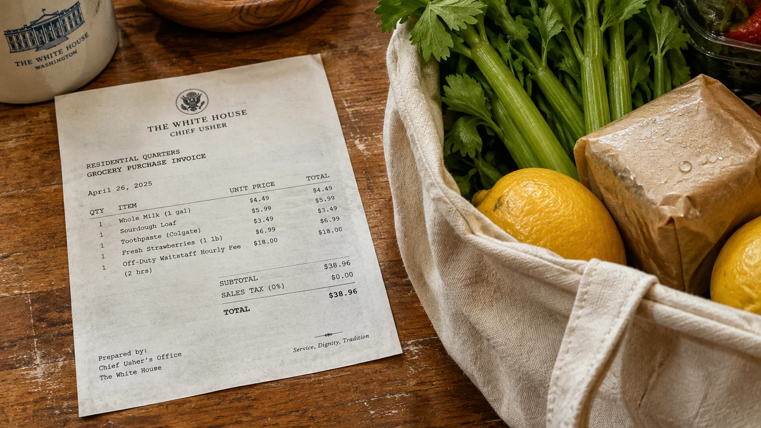 A White House grocery invoice on a wooden table beside a canvas tote bag filled with celery, lemons, and bread.