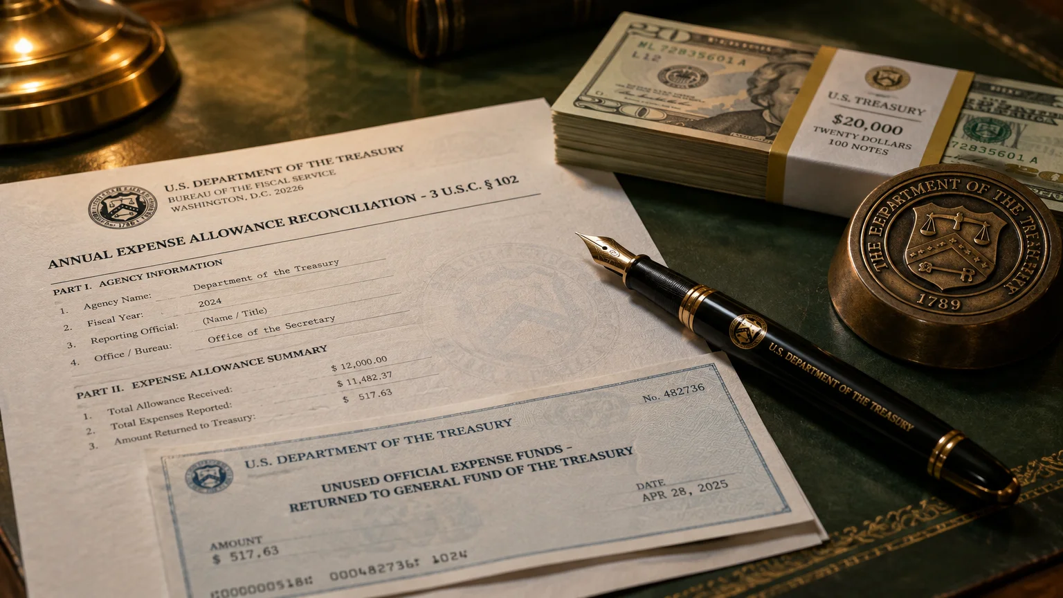 Expense allowance paperwork on a desk beside a fountain pen, a Treasury paperweight, and strapped stacks of twenty-dollar bills.