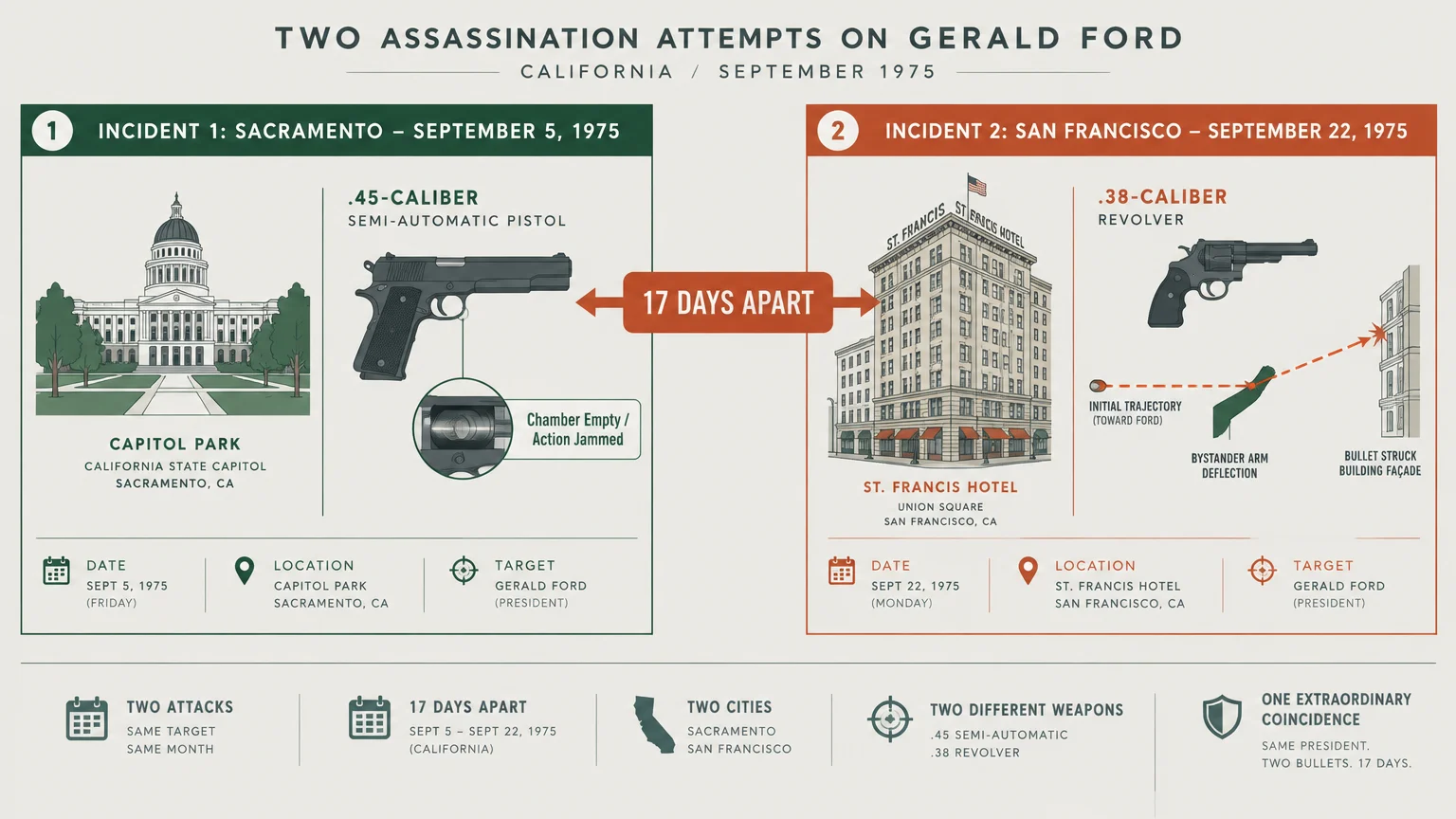 Infographic detailing two September 1975 assassination attempts on Gerald Ford in Sacramento and San Francisco, 17 days apart.