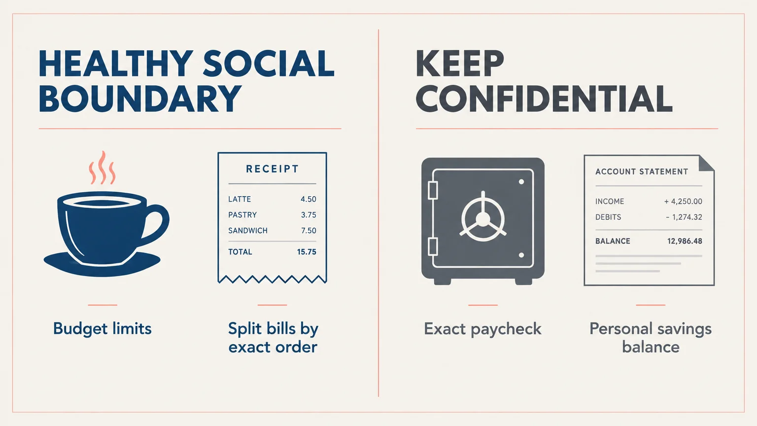 Comparison showing budget limits and split receipts on the left, and confidential paychecks and statements on the right.