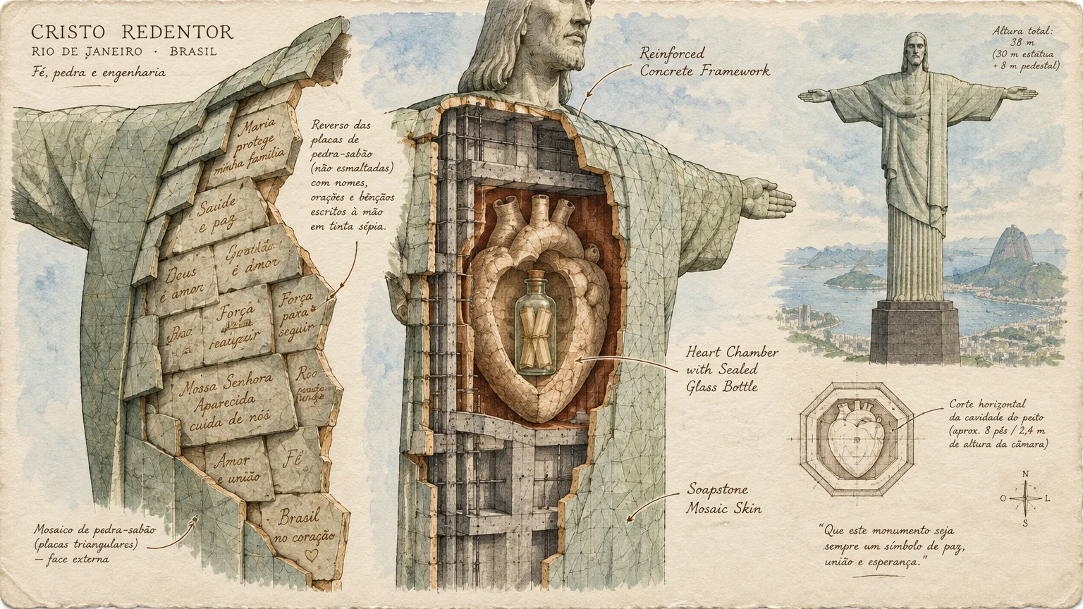 Cutaway diagram of Christ the Redeemer showing soapstone tiles with written prayers and an internal heart chamber.
