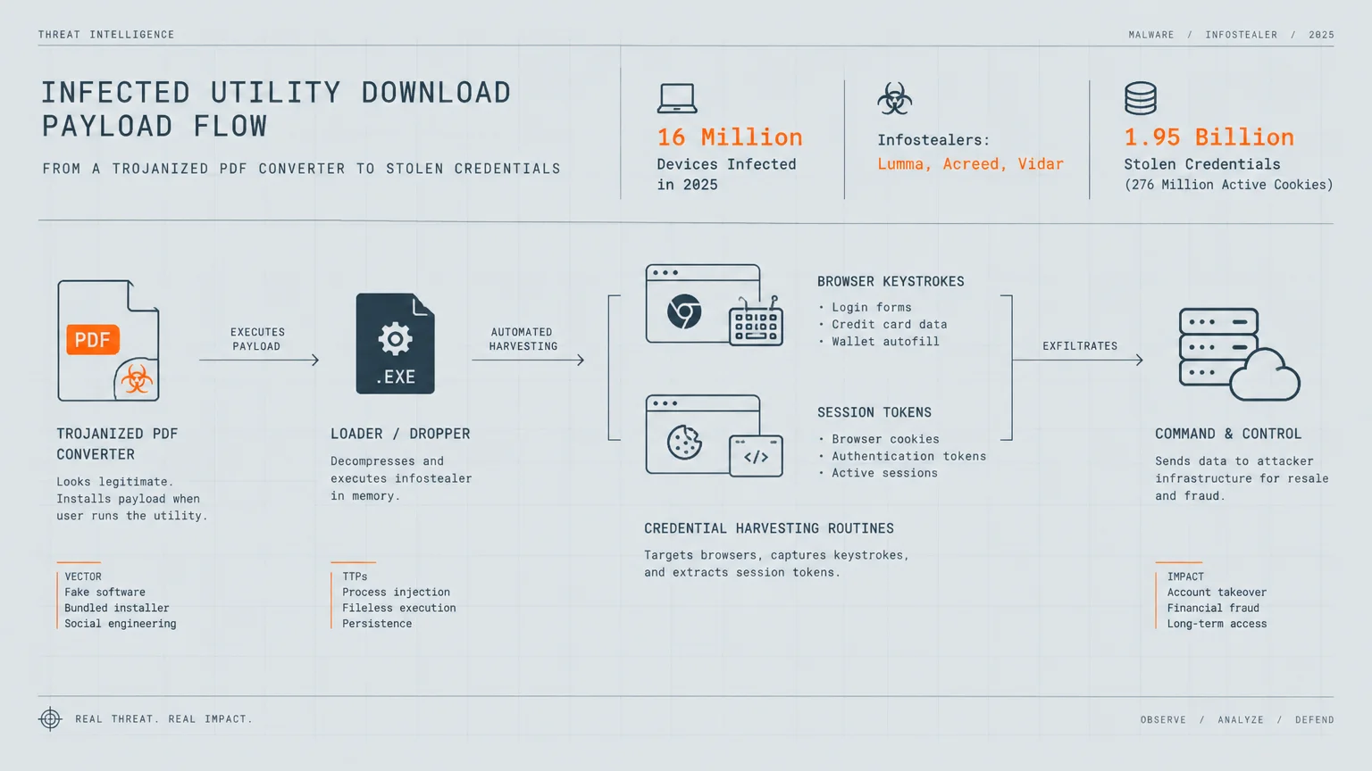 Flowchart diagram showing an infected utility download payload flow from trojanized PDF converter to command and control.