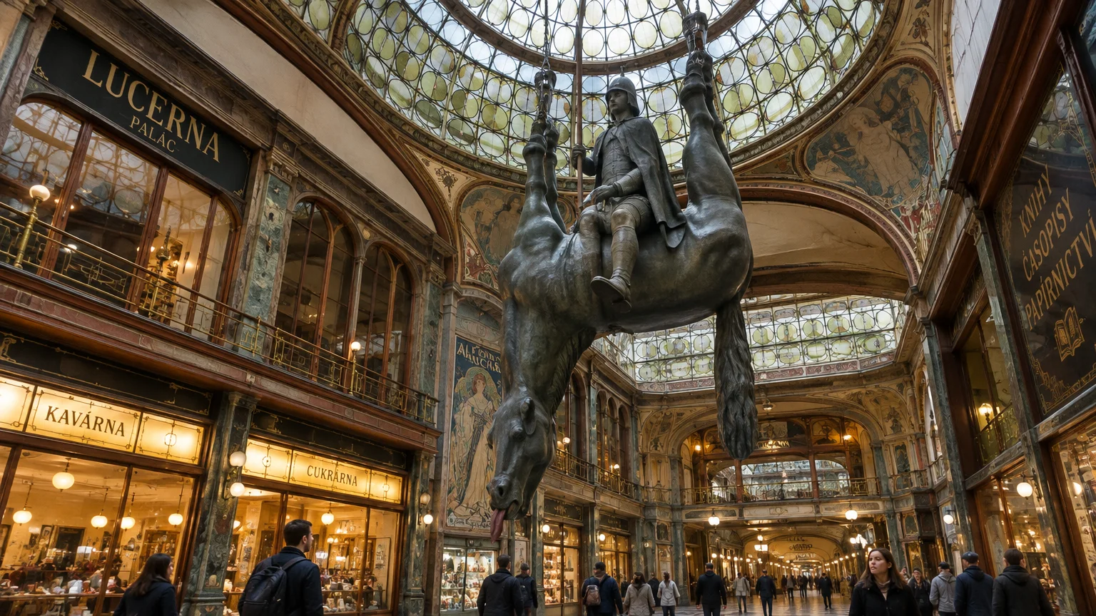 Sculpture of a king riding an upside-down dead horse suspended from a glass dome inside an ornate arcade.