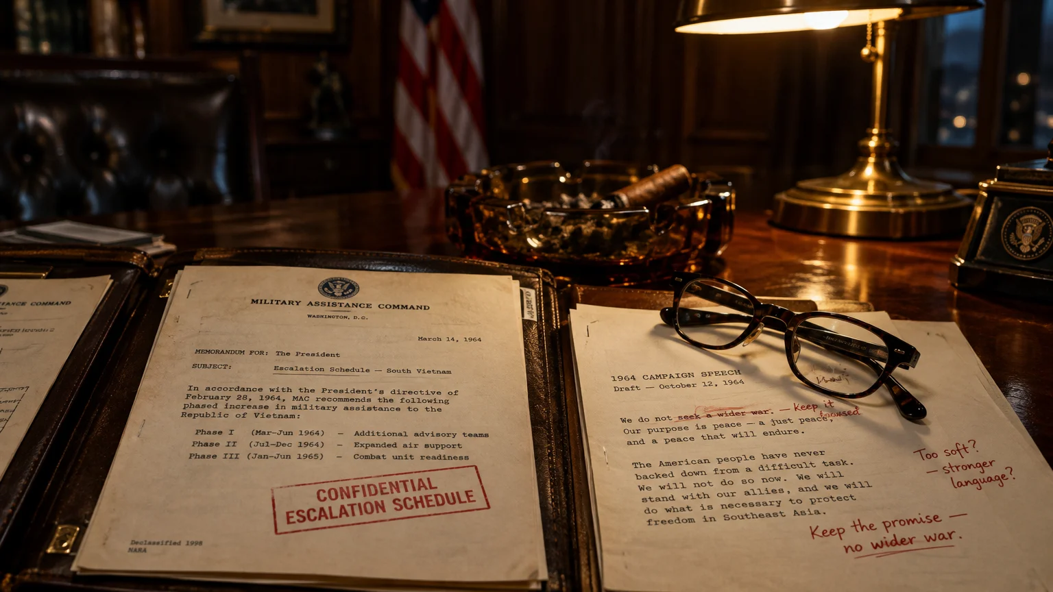 A vintage desk with glasses, an ashtray, an escalation schedule document, and a 1964 campaign speech draft.