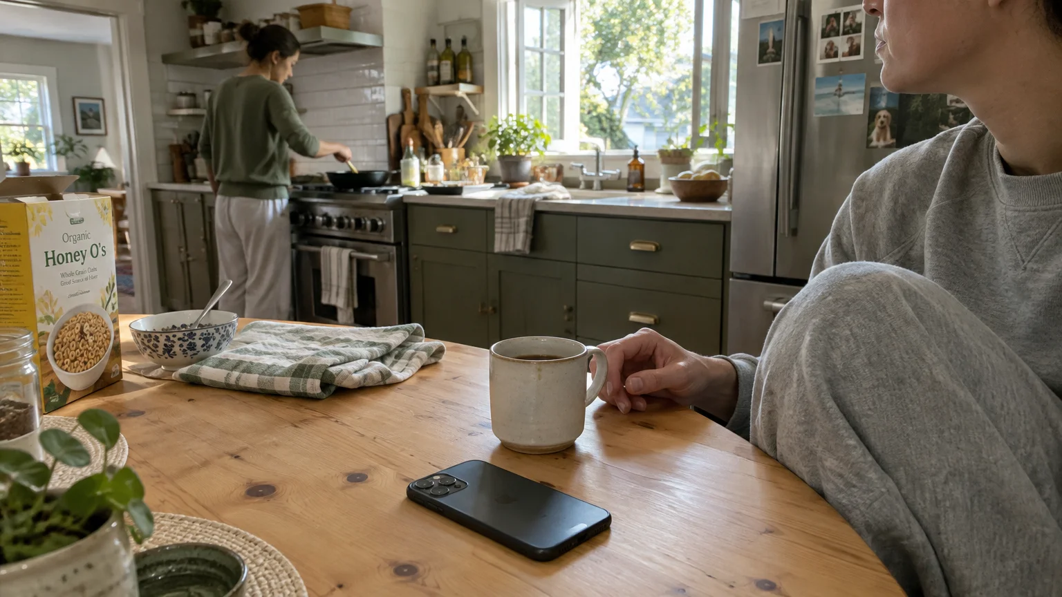 Person sitting at a kitchen table with coffee and cereal while a partner cooks breakfast at the stove in the background.