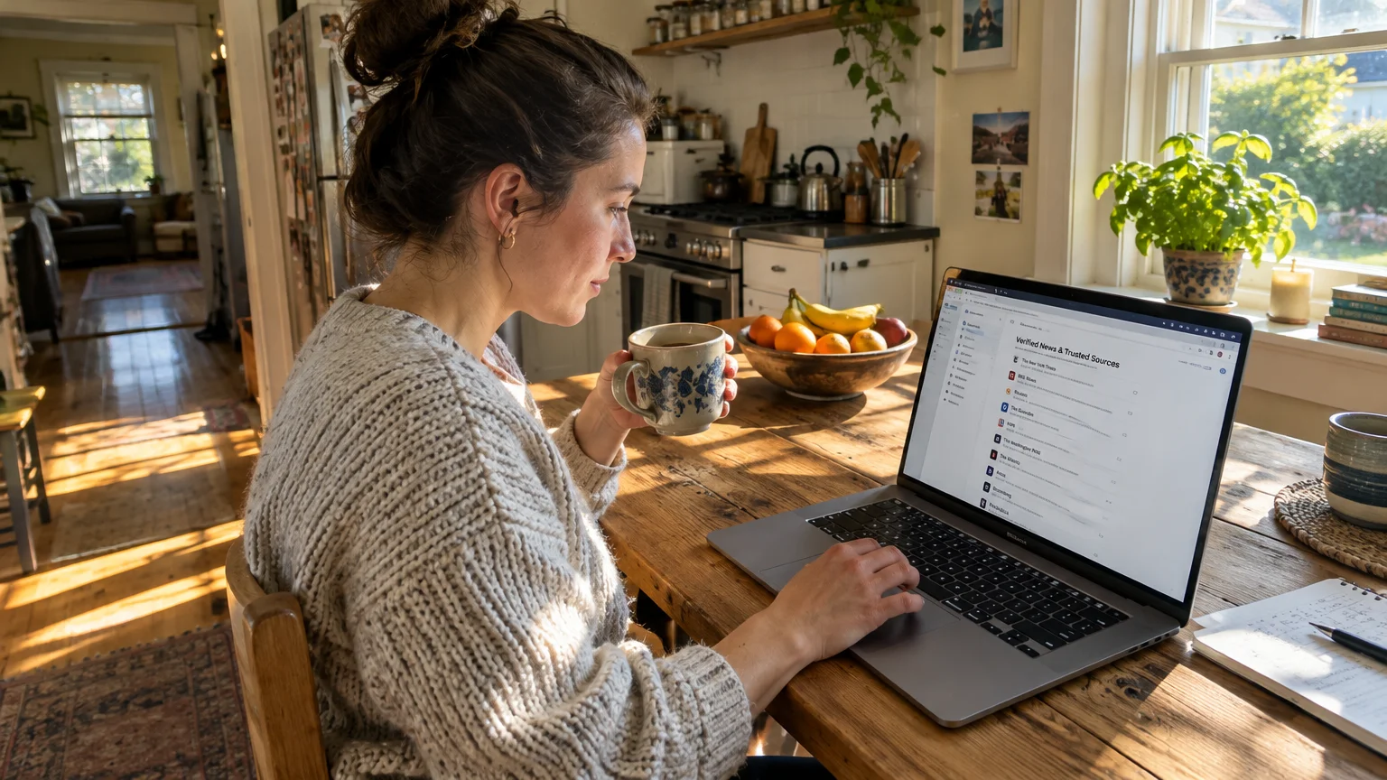 Woman holding a mug at a wooden table while looking at a laptop displaying a verified news webpage.