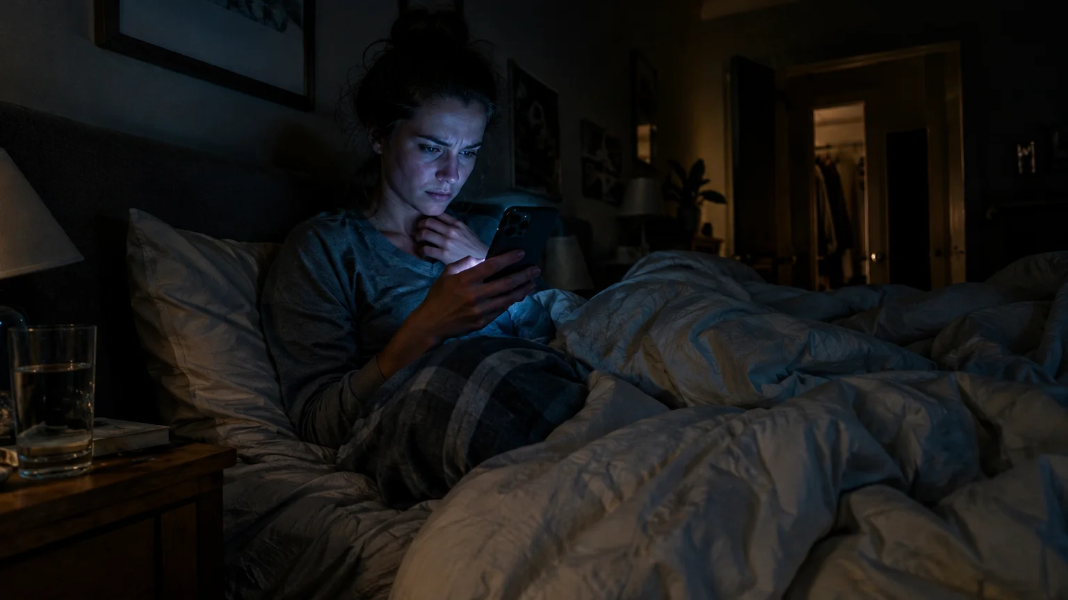 A woman sits up in bed in a dark bedroom at night, looking worriedly at her illuminated smartphone screen.