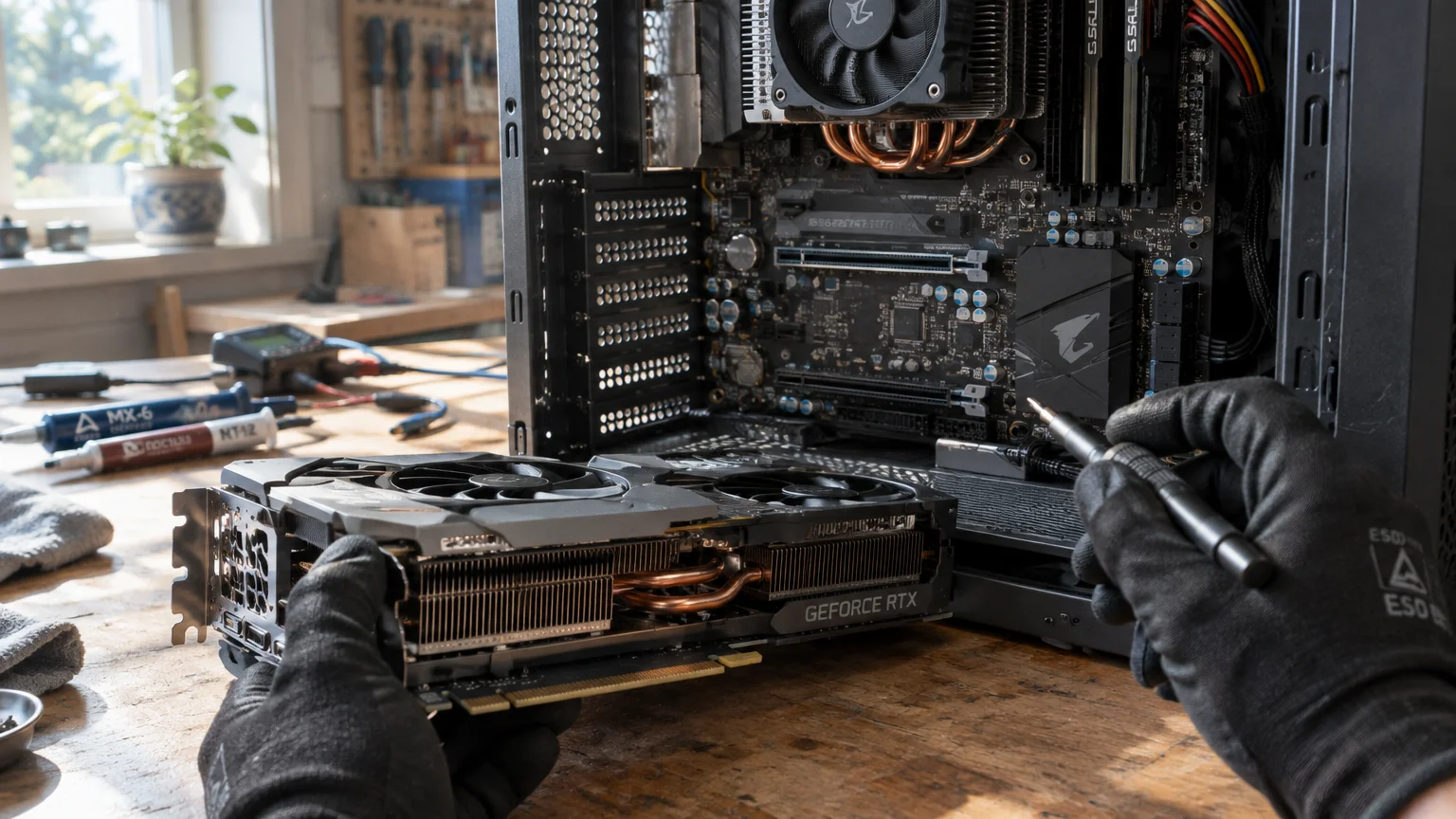 Gloved hands installing a GeForce RTX graphics card into an open desktop computer motherboard on a wooden workbench.