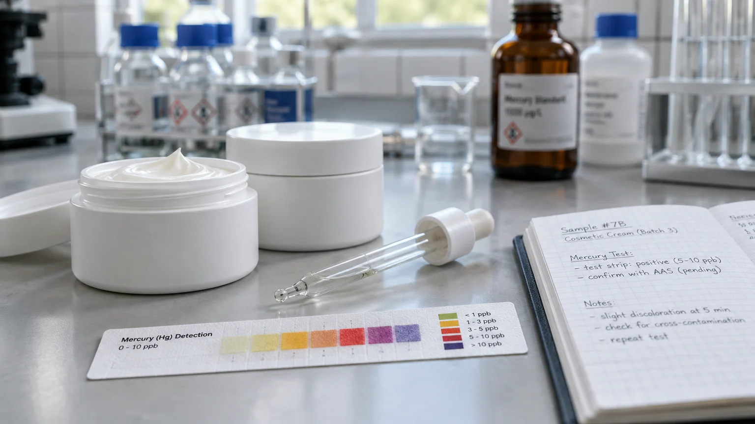 Jars of white cosmetic cream, a dropper, a mercury test strip, and an open lab notebook on a laboratory workbench.