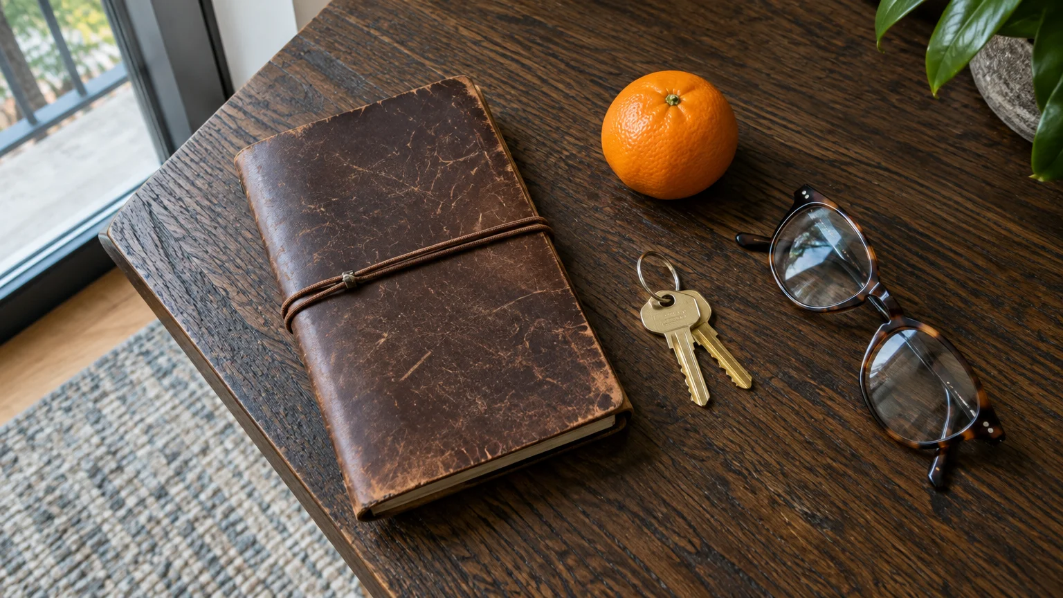 A worn brown leather journal, two brass keys, an orange, and tortoiseshell eyeglasses resting on a wooden tabletop.