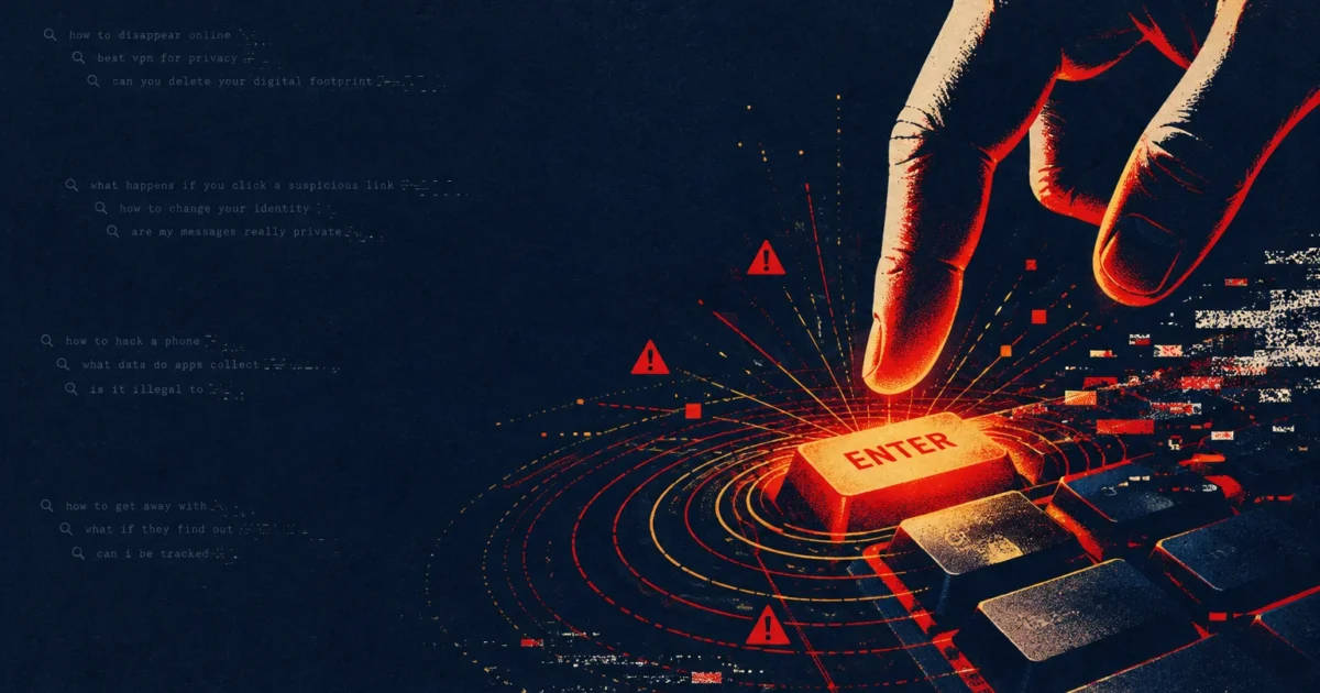 Illustration of a finger pressing a glowing red enter key surrounded by warning signs, ripples, and search prompts.