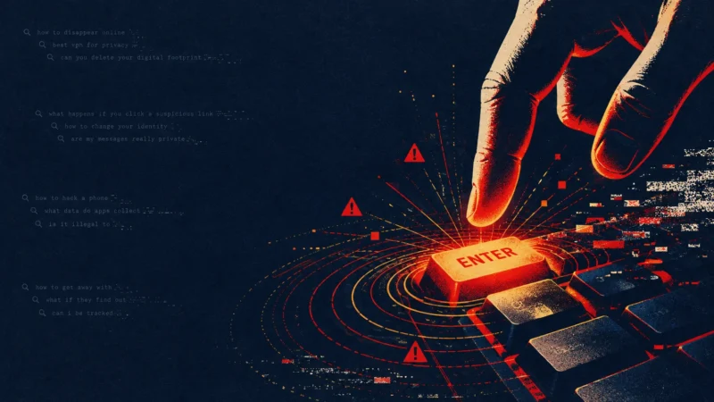 Illustration of a finger pressing a glowing red enter key surrounded by warning signs, ripples, and search prompts.