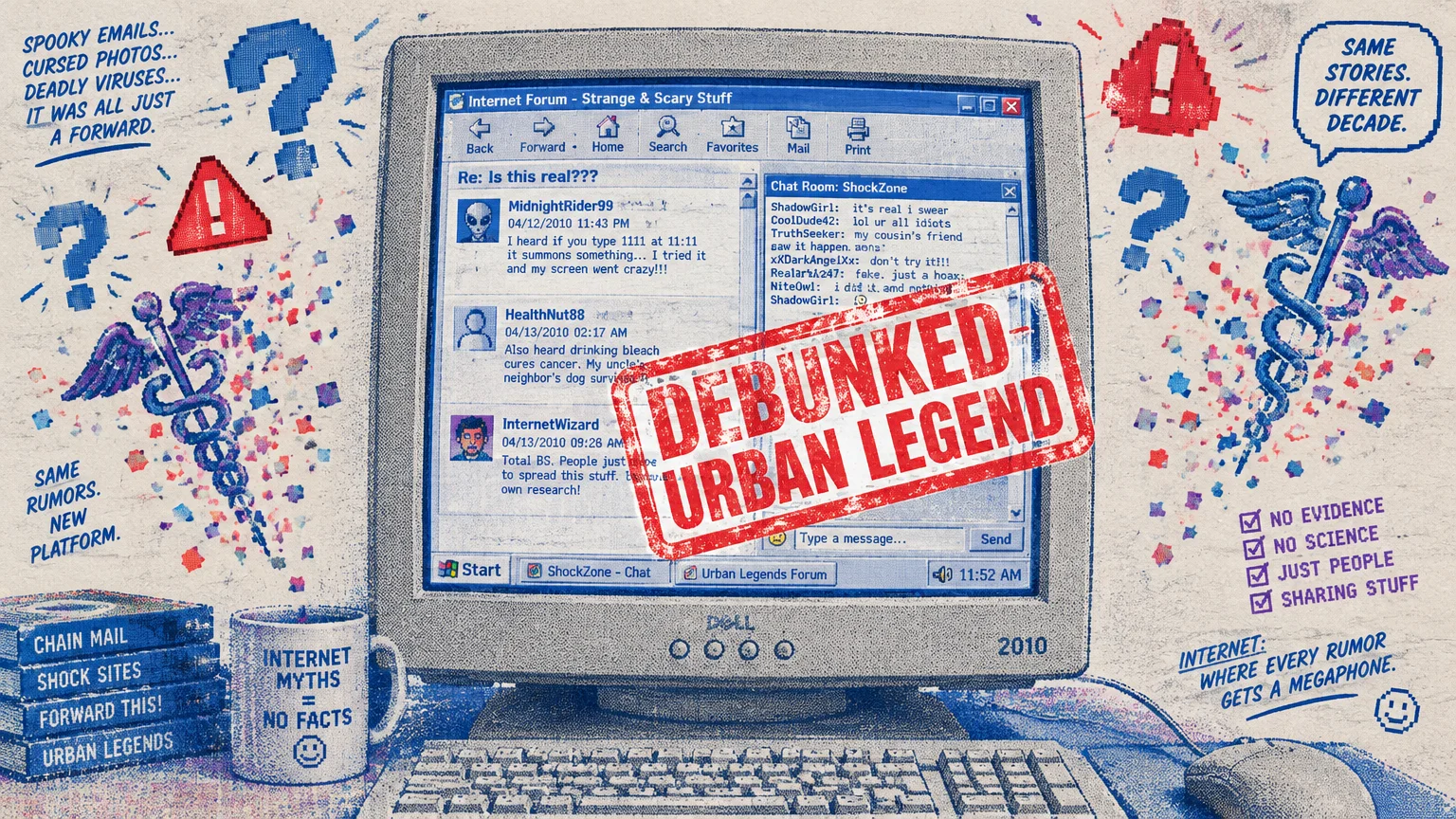 Vintage computer monitor showing an internet forum stamped with red Debunked Urban Legend text amid web graphics.