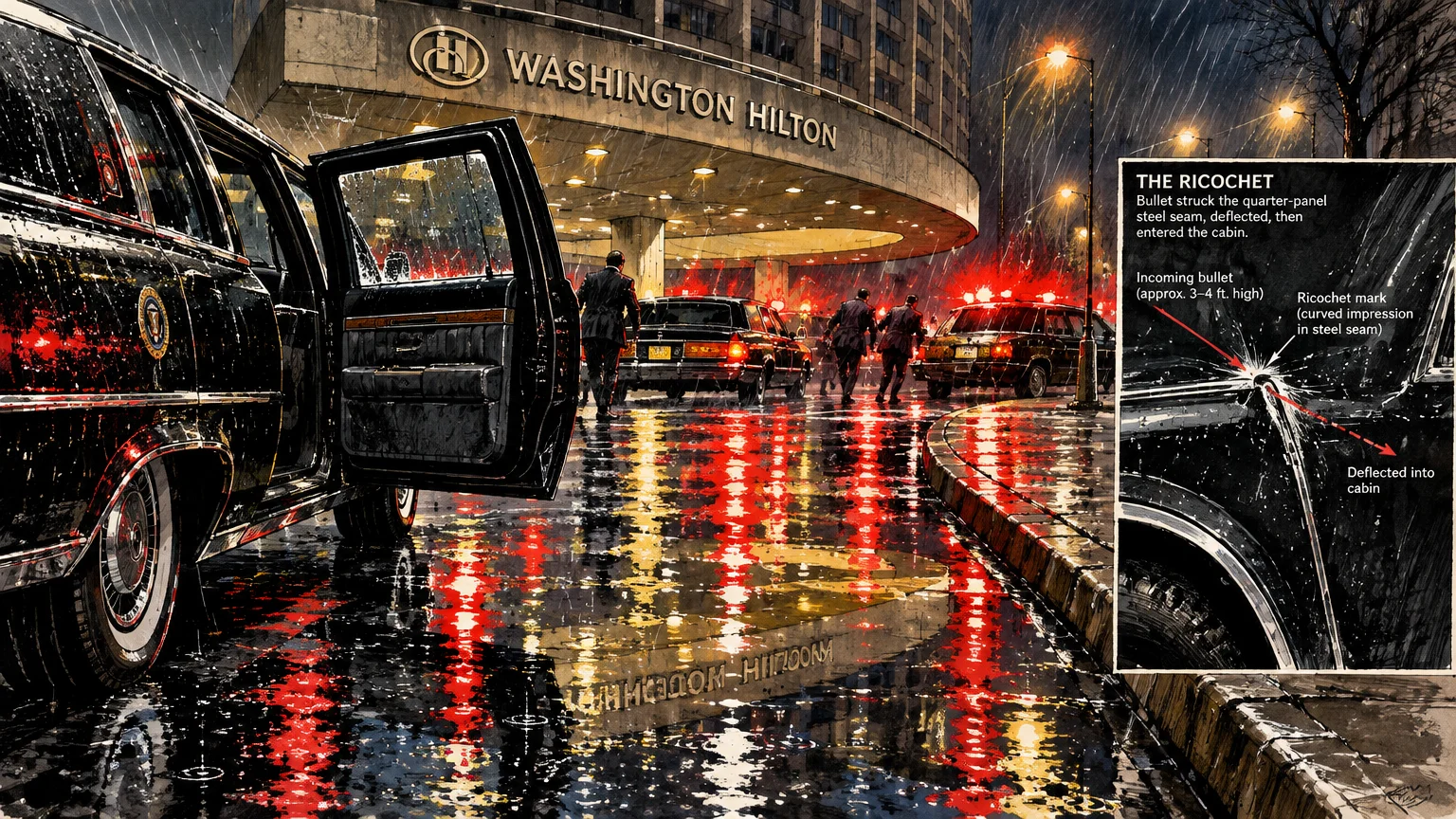 Rainy illustration outside the Washington Hilton with an inset diagram tracing a bullet ricocheting off a limousine.