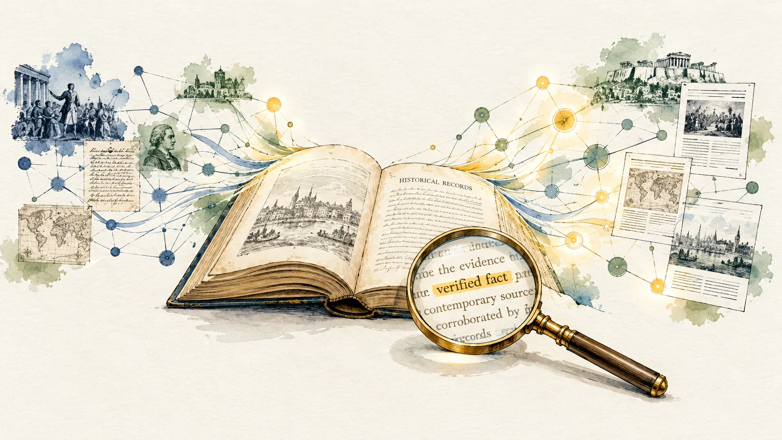 Illustration of an open historical record book beside a magnifying glass focusing on the words verified fact.