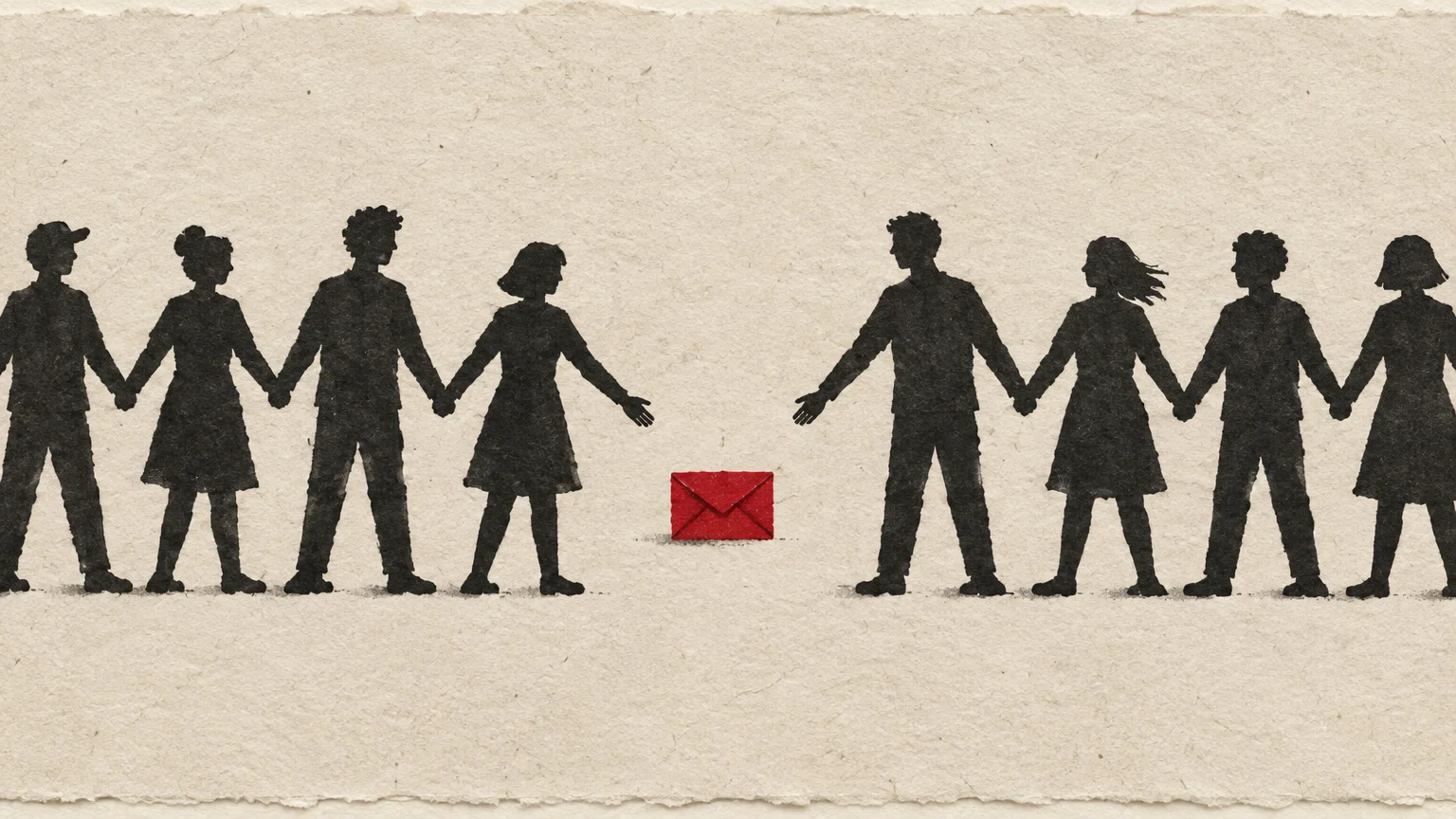 Black paper cutout silhouettes of people holding hands on textured beige paper, split by a small red envelope in the center.