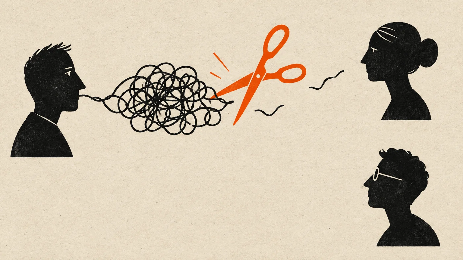 Silhouettes of people with a tangled line from one person's mouth being cut by orange scissors.